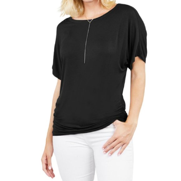 NWT-SOFT!Women's Dolman SS Boatneck Rayon Top, Blk - Picture 1 of 2